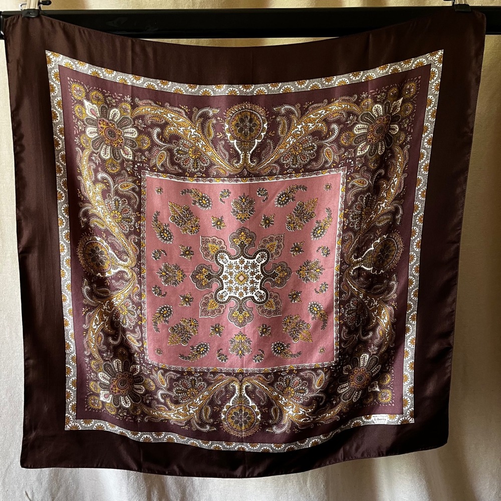 Liberty of London Paisley Print Scarf Brown Pink Made in England 27x27
